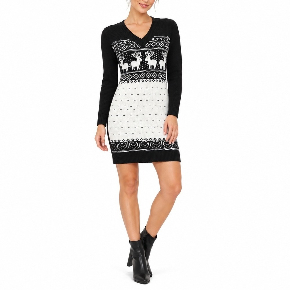 White Mark Sweater Dress Women M Black White Fair Isle Reindeer Holiday Festive
